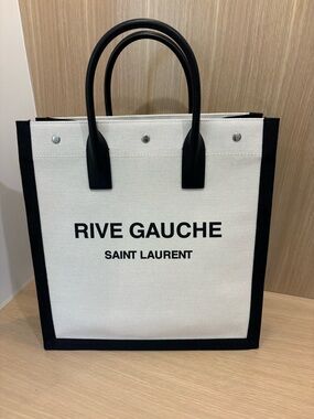 Saint Laurent Rive Gauche Canvas Tote in White and Black